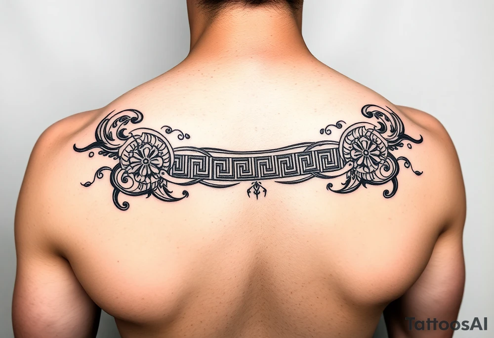 Tattoo line art, long thin band, Greek meander fusion with neo-tribal and Chinese elements, black and red, 10:1 ratio tattoo idea