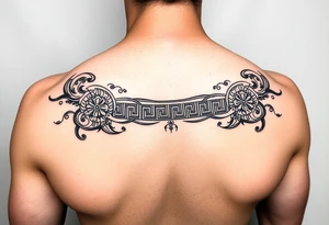 Tattoo line art, long thin band, Greek meander fusion with neo-tribal and Chinese elements, black and red, 10:1 ratio tattoo idea