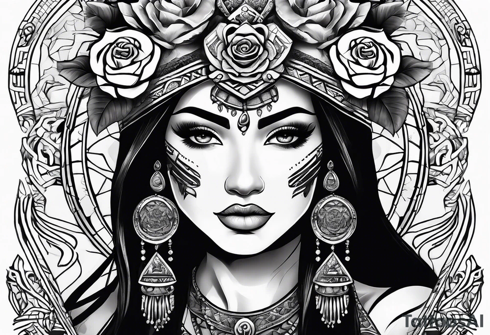 Mayan princess with roses & desert tattoo idea