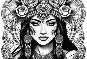 Mayan princess with roses & desert tattoo idea