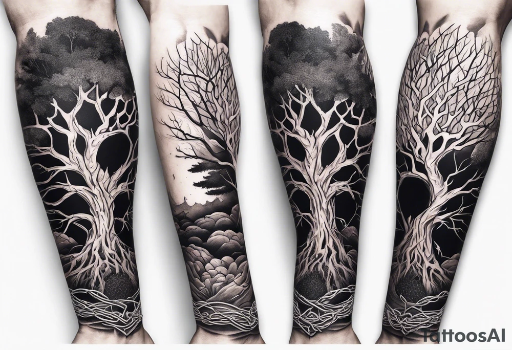 tattoo fool sleeve, tree roots break out of the chains at the bottom of the hand tattoo idea