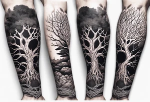 tattoo fool sleeve, tree roots break out of the chains at the bottom of the hand tattoo idea