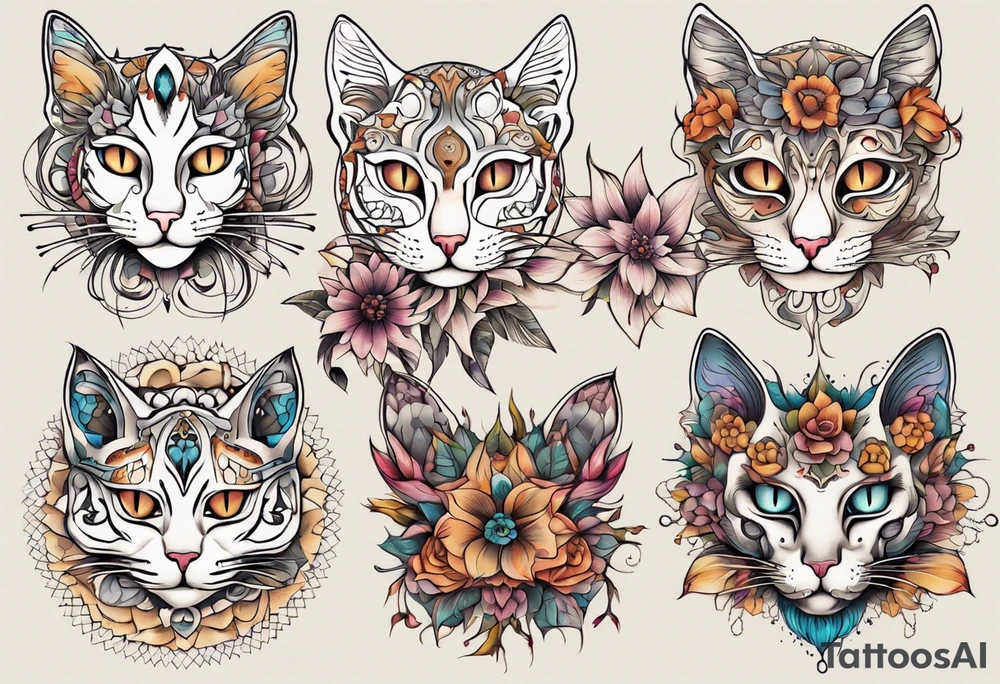 Cat colored flowers Mandala tattoo idea