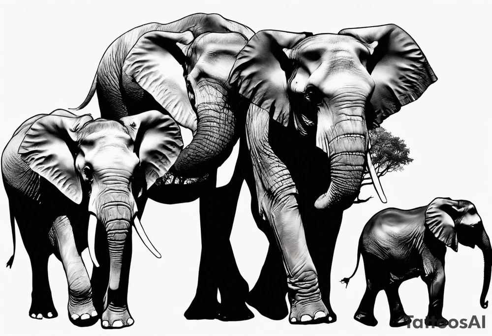 family of 6 elephants walking into sunset tattoo idea