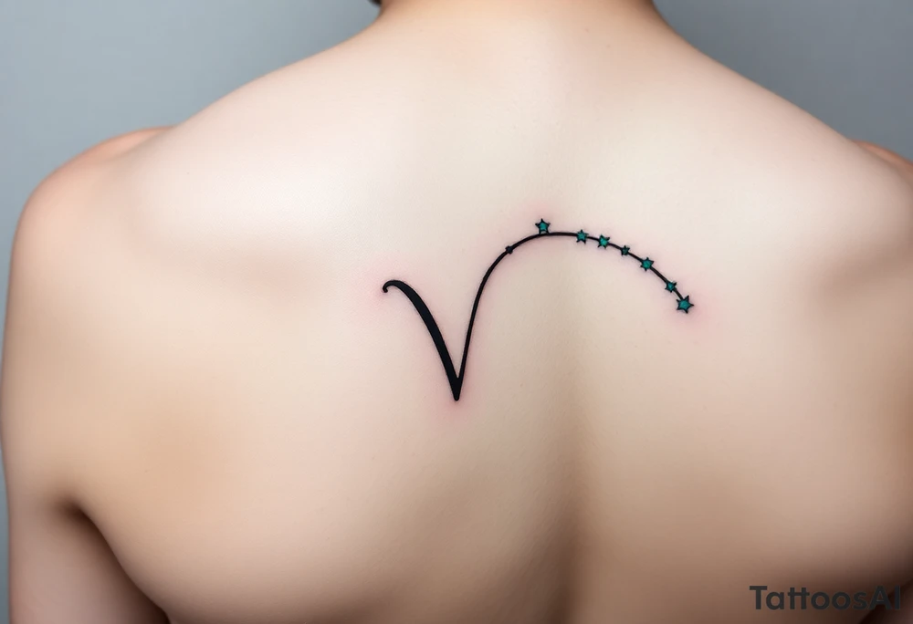 A minimalist Virgo sign in burnt sienna is followed by a sweeping arc of teal stars forming the constellation. tattoo idea