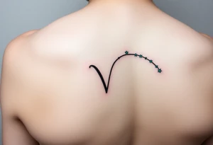 A minimalist Virgo sign in burnt sienna is followed by a sweeping arc of teal stars forming the constellation. tattoo idea