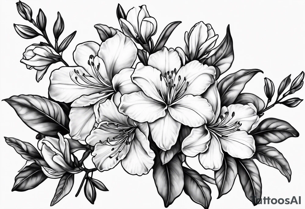 5-petal azaleas with buds along a long branch tattoo idea