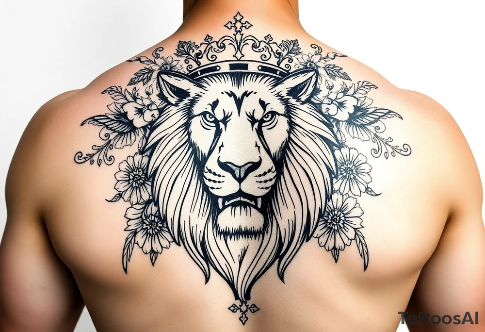 powerful majestic lion with a crown, surrounded by floral ornaments and birds tattoo idea