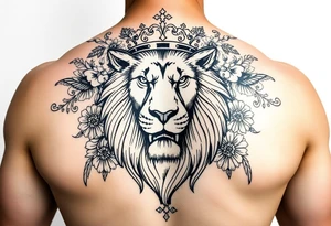 powerful majestic lion with a crown, surrounded by floral ornaments and birds tattoo idea