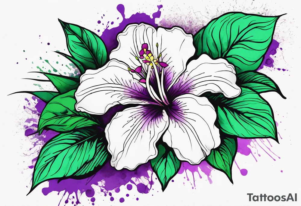 An outline of a rio dipladenia flower with a green and purple watercolor splash in the background tattoo idea