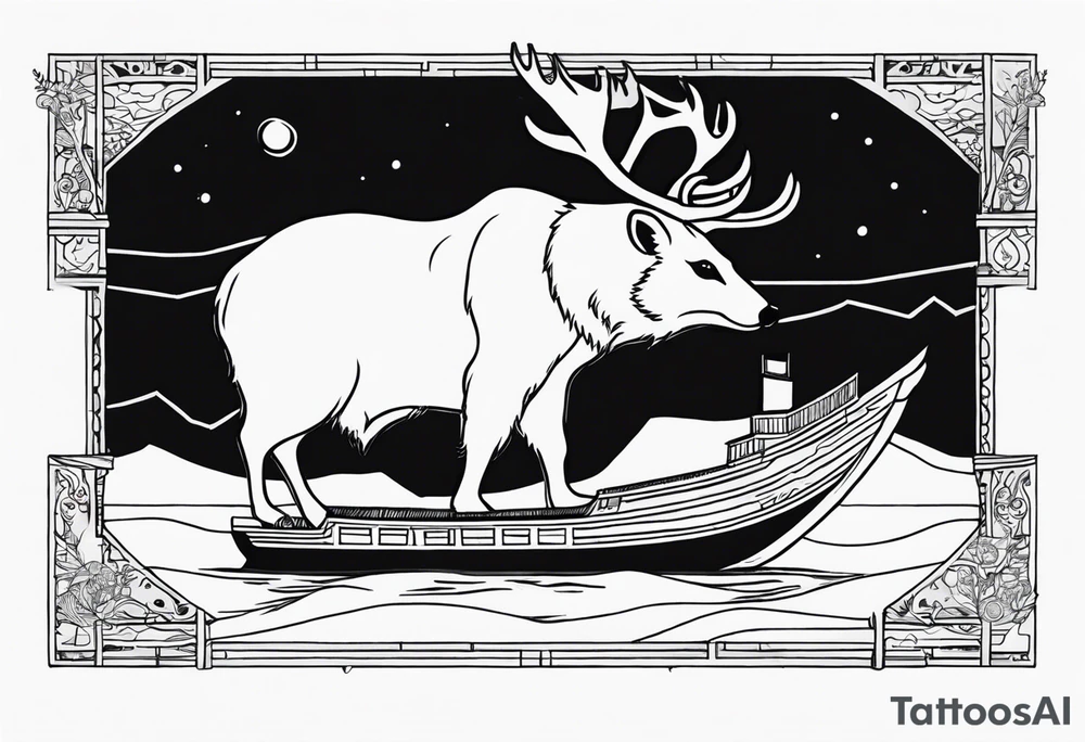 A badger and reindeer on an ark with the outlined by the map of Mallorca tattoo idea