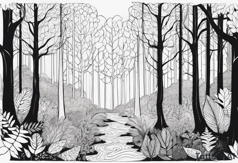 Draw me a Magical forest with s lot of trees in 2D and every tree is black tattoo idea