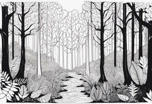 Draw me a Magical forest with s lot of trees in 2D and every tree is black tattoo idea