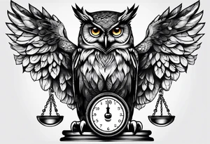 owl holding a scale with its claws tattoo idea