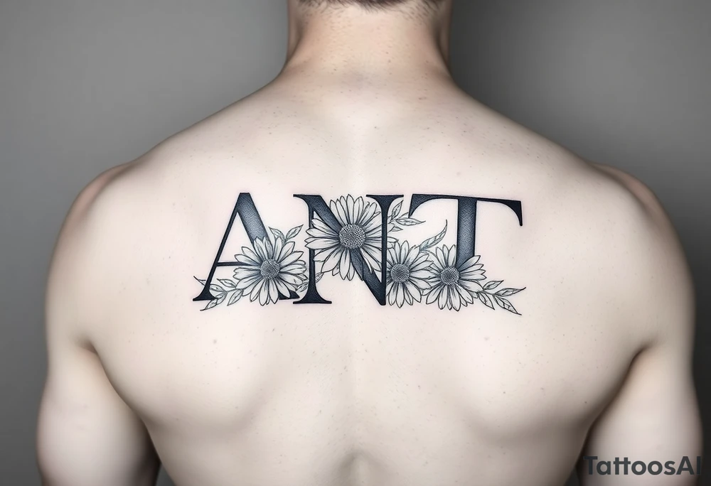 Small Fine line design with overlapping letters A,N,T  with daisies tattoo idea