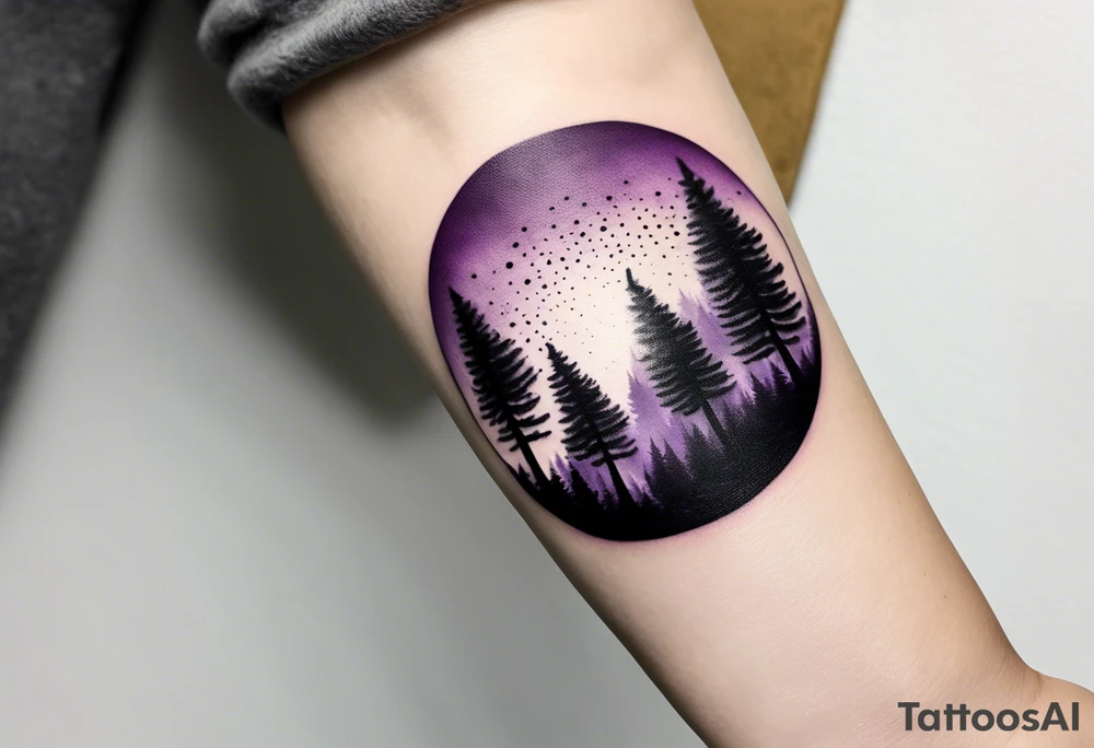 forest, abstract, on hand, no people, purple and black, full, whole wrist wrapped, filled, blackwork tattoo idea