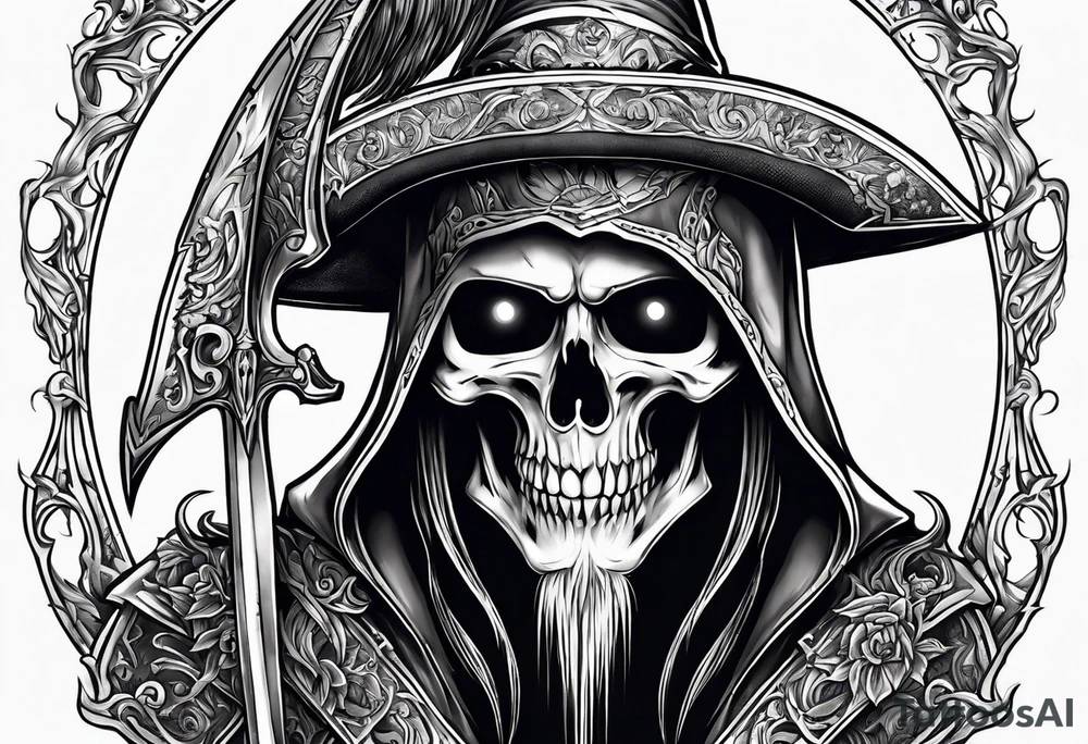 necromancer guy with Scythe and white eyes small tattoo tattoo idea