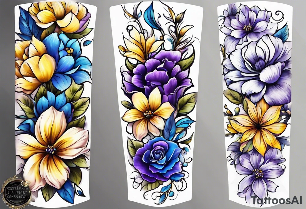 Blue yellow and purple flowers arm sleeve tattoo idea