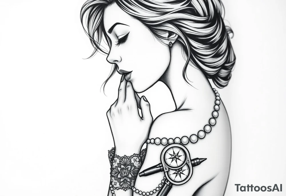 Profile of sexy woman with messy hair 
,resting chin on fist 
, mouth open  , lace, lipstick,  pearls 
compass and gun near by tattoo idea