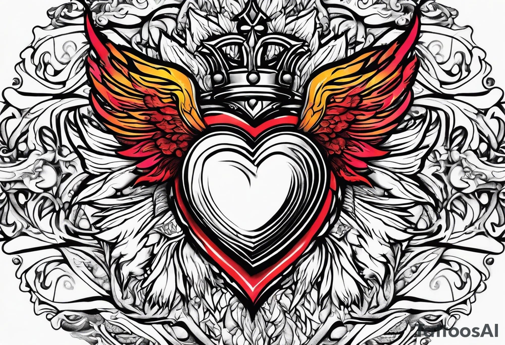 sacred heart with a real heart and flames coming out of the top and wings behind tattoo idea