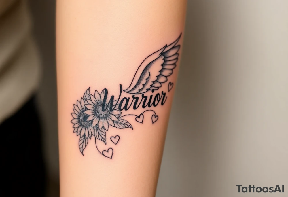 beautiful strong angel wing with word "Warrior" surrounded with sunflowers and hearts tattoo idea