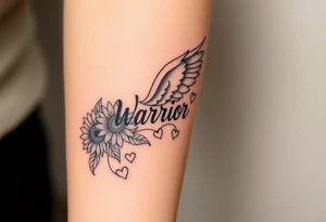 beautiful strong angel wing with word "Warrior" surrounded with sunflowers and hearts tattoo idea