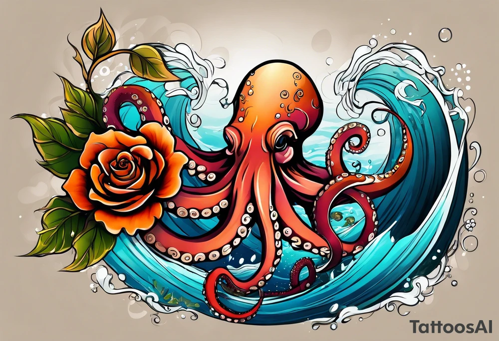 masculine abstract left thigh tattoo with a large long flowing octopus in water swirls wrapping around rocks, with a rose, in fall colors with some small leaves and fall elements tattoo idea