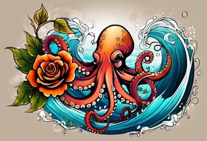 masculine abstract left thigh tattoo with a large long flowing octopus in water swirls wrapping around rocks, with a rose, in fall colors with some small leaves and fall elements tattoo idea