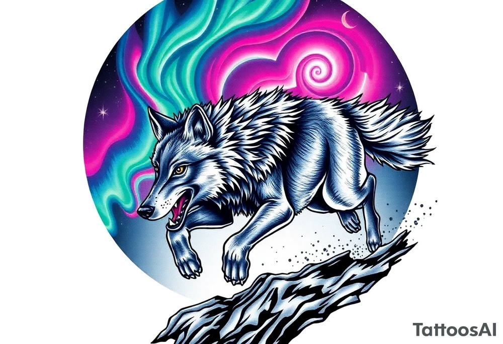 Wolf Running under the northern lights tattoo idea