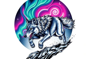 Wolf Running under the northern lights tattoo idea