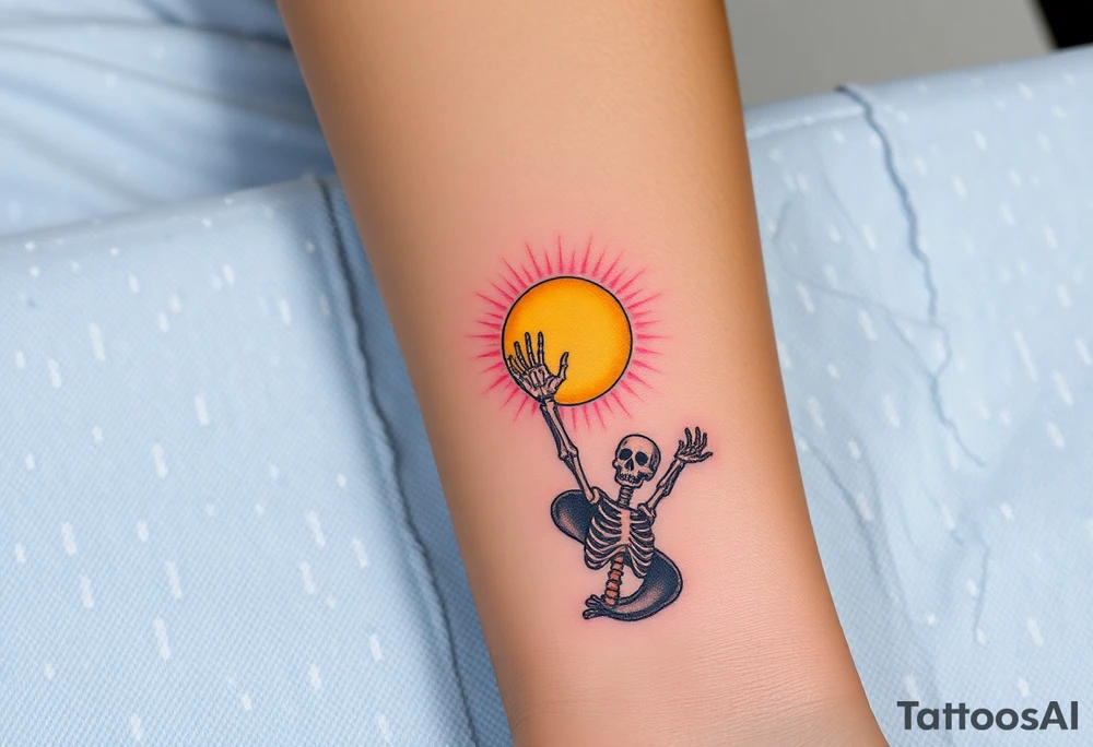 Skeleton reaching out towards a bright light but is stuck in a sludge tattoo idea