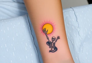 Skeleton reaching out towards a bright light but is stuck in a sludge tattoo idea