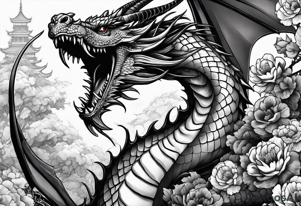 Ganzer Drache mit Kirschblüten fliegt nach unten tattoo idea Ganzer Drache mit Kirschblüten fliegt nach unten tattoo idea