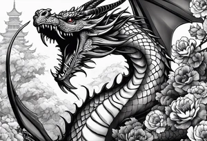 Ganzer Drache mit Kirschblüten fliegt nach unten tattoo idea