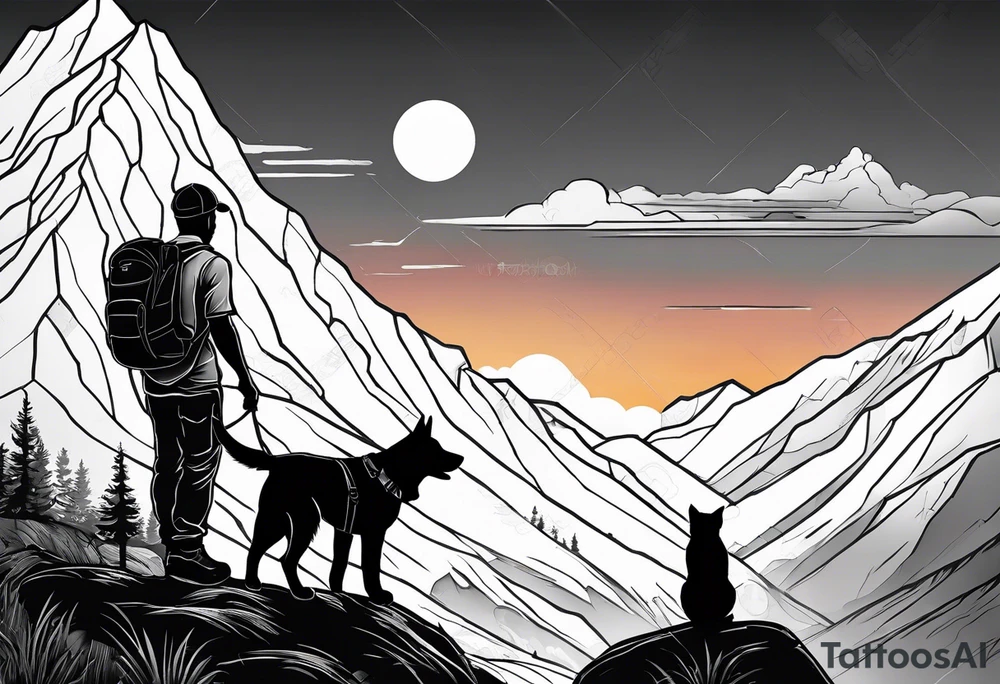 nature, sunset, mountains, a father and son hiking with their dog and cat and a cross tattoo idea
