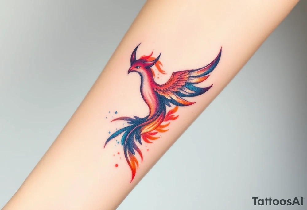 Phoenix with splashes of color in fire tattoo idea