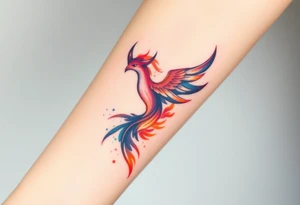 Phoenix with splashes of color in fire tattoo idea