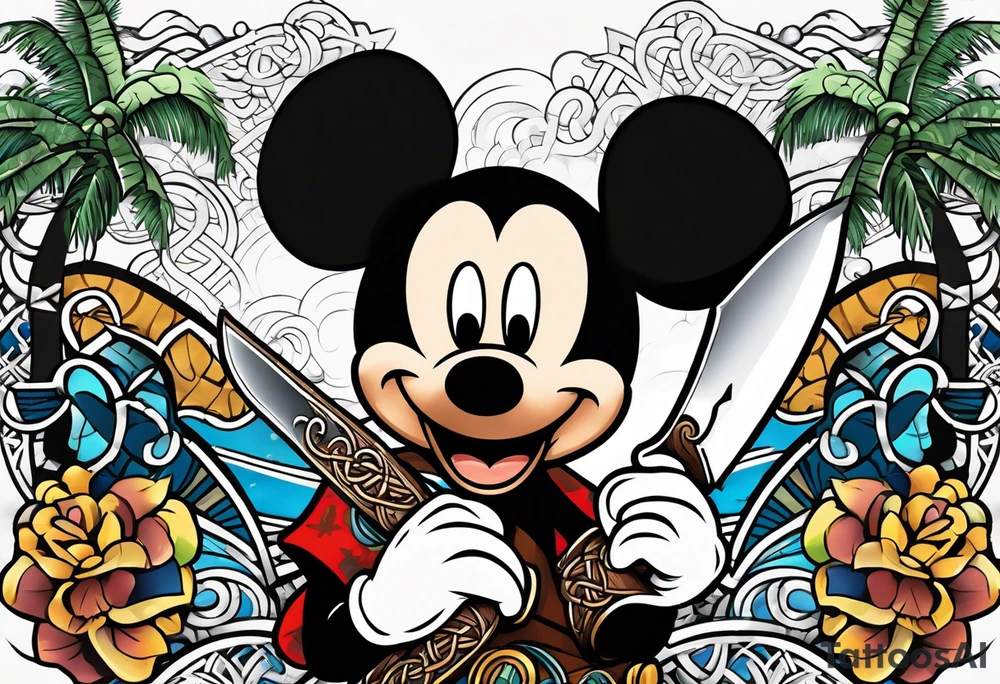 mickey mouse holding a kriss knife in one hand and a rattan stick in the other hand with palm trees and the celtic symbol for family tattoo idea