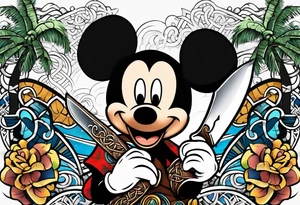 mickey mouse holding a kriss knife in one hand and a rattan stick in the other hand with palm trees and the celtic symbol for family tattoo idea