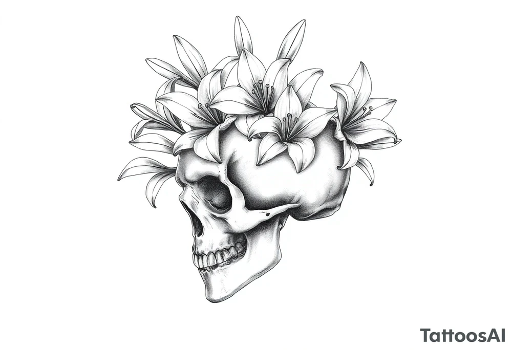 Lillies coming out of back of humanoid skull tattoo idea