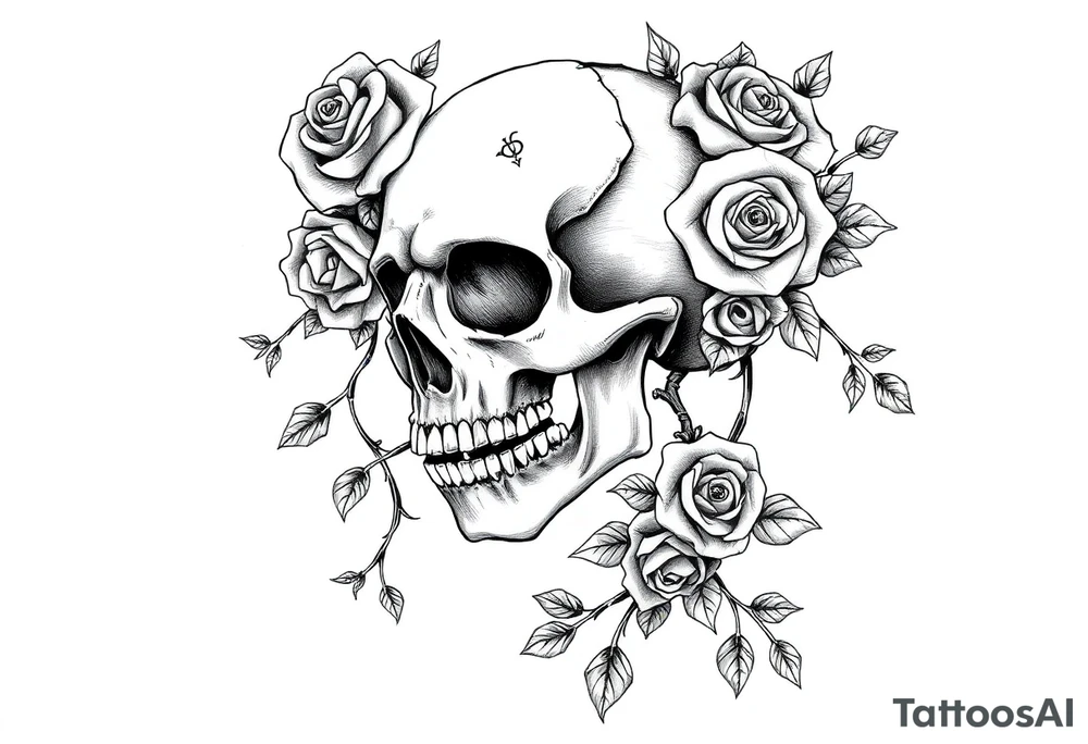gothic skull intertwined with climbing roses and thorny vines tattoo idea
