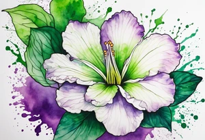 An outline of an only green rio dipladenia flower and a green and purple watercolor splash in the background tattoo idea