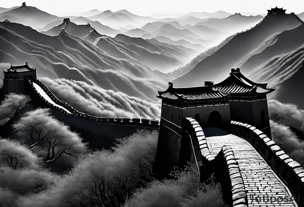 Great Chinese wall, realistic, art, gezeichnet, fine line, black and grey, man, clear tattoo idea