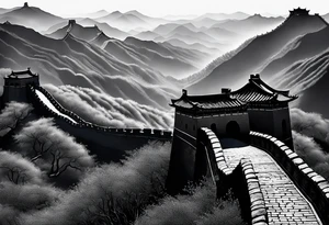 Great Chinese wall, realistic, art, gezeichnet, fine line, black and grey, man, clear tattoo idea