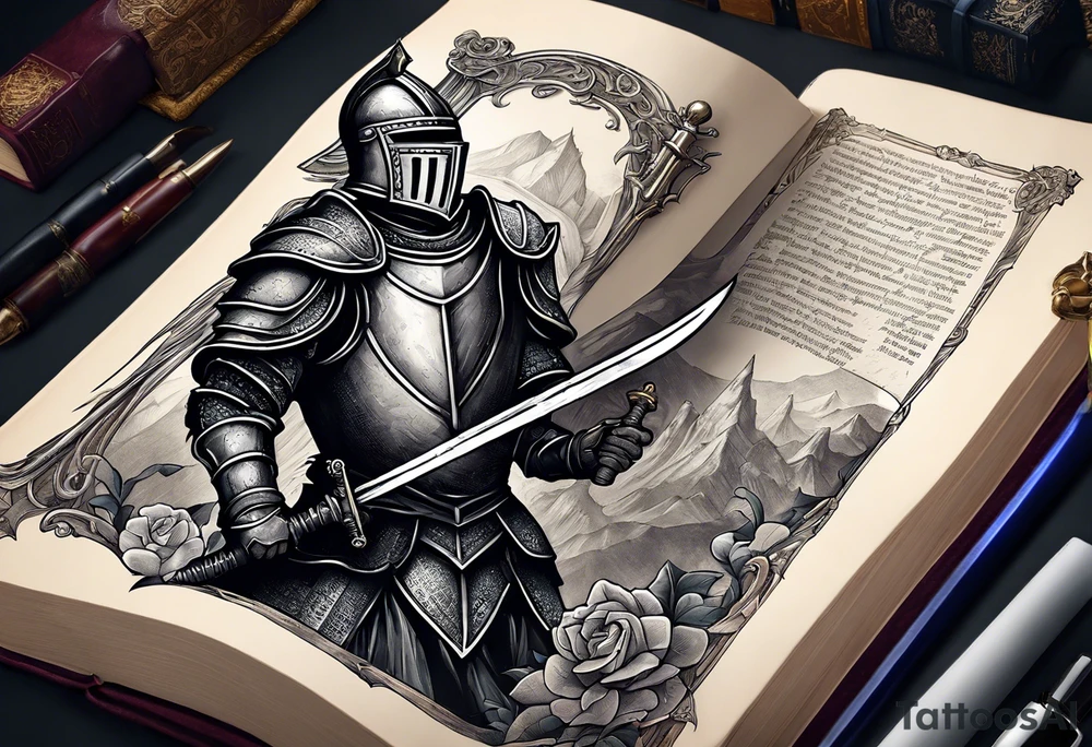 a knight pulling a sword out of an open bible tattoo idea
