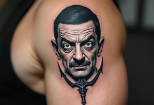 close-up mr bean behind a trident tattoo idea