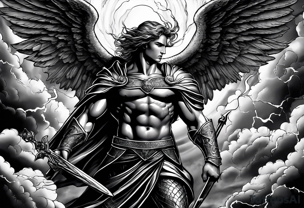 Michael the Archangel standing over the devil. Clouds and lightning in background. tattoo idea Michael the Archangel standing over the devil. Clouds and lightning in background. tattoo idea