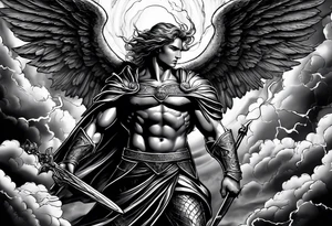 Michael the Archangel standing over the devil.  Clouds and lightning in background. tattoo idea