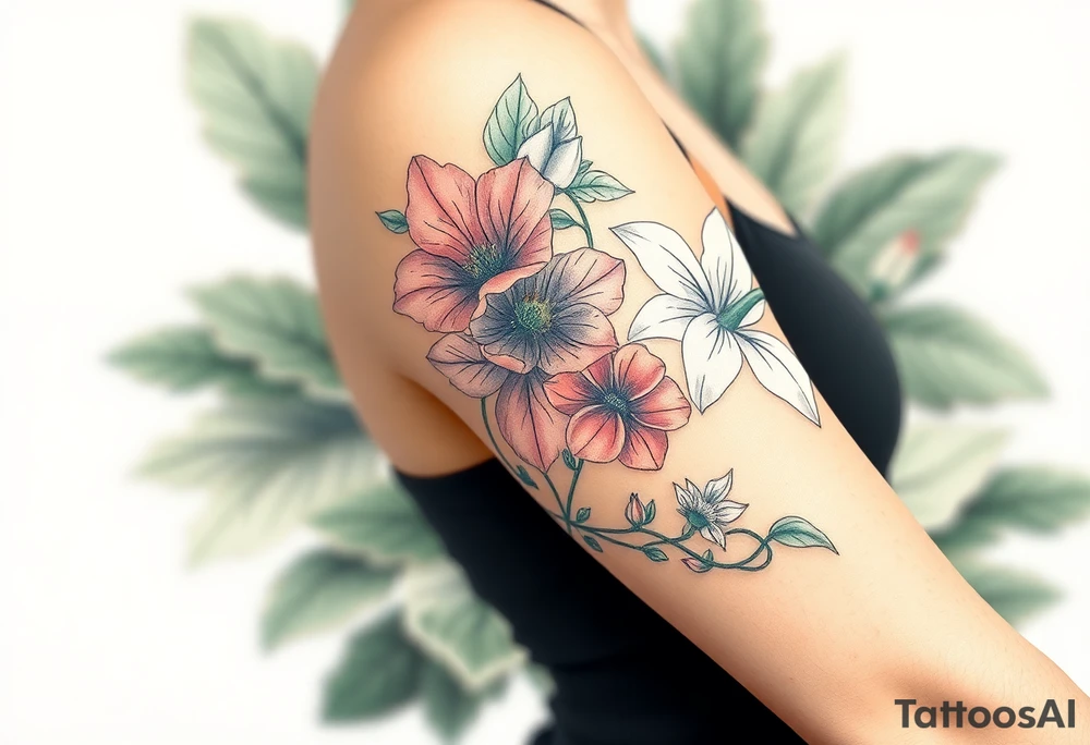 Fore arm tattoo in the neo american traditional style. I want to incorporate a few different flowers: Poppies, Morning Glory, Narcissus with green leaves in the background tattoo idea