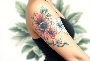 Fore arm tattoo in the neo american traditional style. I want to incorporate a few different flowers: Poppies, Morning Glory, Narcissus with green leaves in the background tattoo idea